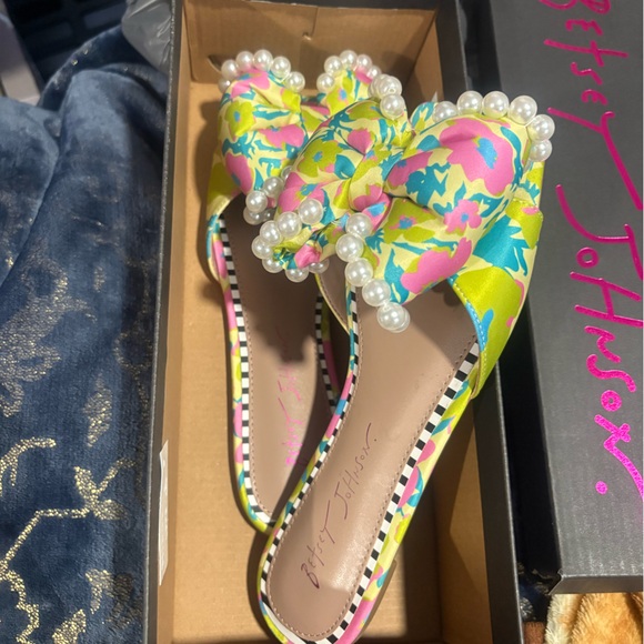 Betsey Johnson Shoes - Betsey Johnson Neon Green Floral Pearl-Trim Sandals